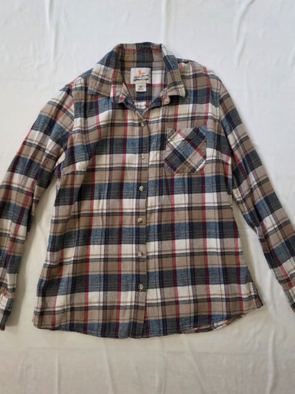 Field & Stream Tan Navy Blue Plaid Flannel Shirt | Size M | Single Pocket